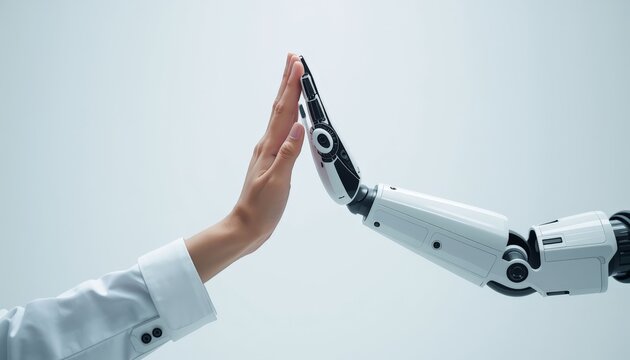 There are two hands that are touching each other with a robot ' s arm