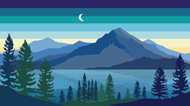 This serene nature landscape illustration captures majestic mountains and a tranquil lake, emphasizing calmness, beauty, and the breathtaking essence of the great outdoors.