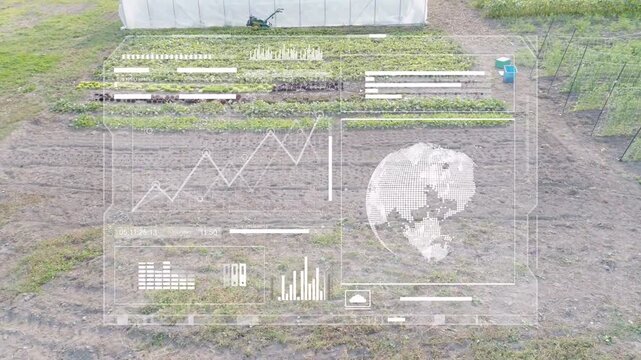 HUD activating and animating charts, camera moving ahead, greenhouse showing crop data for tracking
