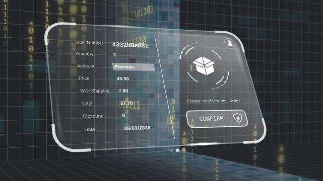 Translucent holographic phone panel appearing, rotating, highlighting total price, awaiting confirm