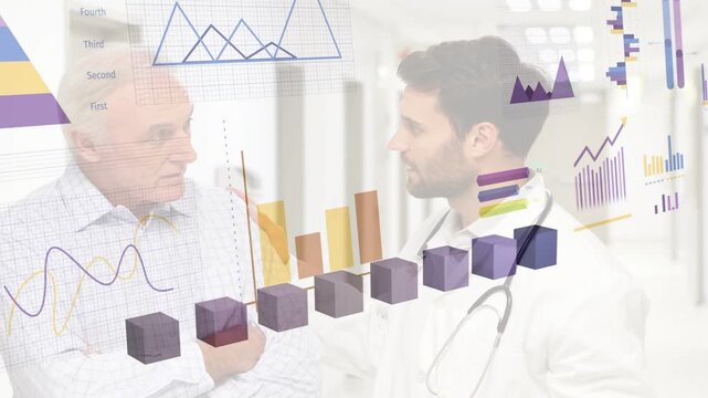 Translucent overlay appearing, doctor checking patient watch and explaining rising bars for health