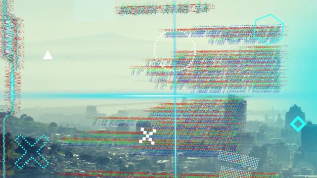 Clear AR panel appearing, sliding, glitching and reforming to show AI data mining over hazy skyline