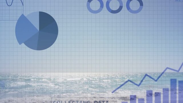 Collecting-data readout appearing, charts growing, pie forming, trend lines rising to show analysis