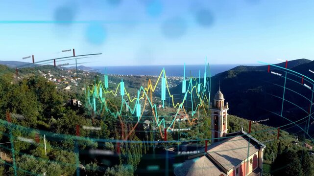 On overlay start animated data graphics pulsing over church tower visualizing coastal valley trends