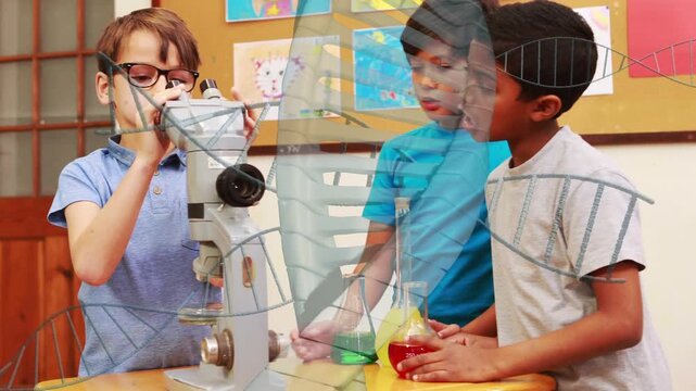 Placing colored flasks, three boys rotating around microscope, learning STEM, DNA helix overlaying
