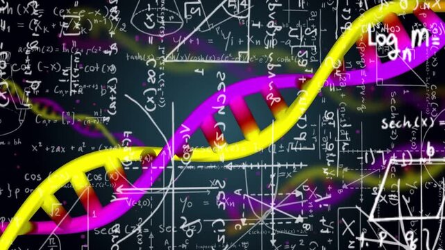 Glowing spot appearing, helix traveling, twisting, rotating across chalkboard to link DNA and math