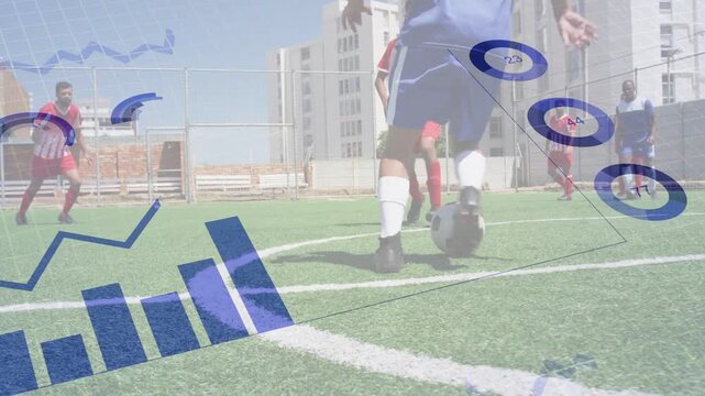 Blue player dribbling after touch keeping soccer ball evading sliding tackle while data viz growing
