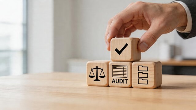 Business man hand stacking wooden cubes with audit compliance checkmark and scale symbol icon concept of financial auditing regulatory framework corporate governance accounting