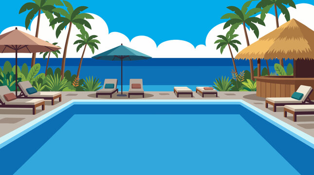 This vibrant illustration captures a serene tropical pool scene complete with palm trees, sun loungers, and a thatched-roof gazebo beside a sparkling blue sea.