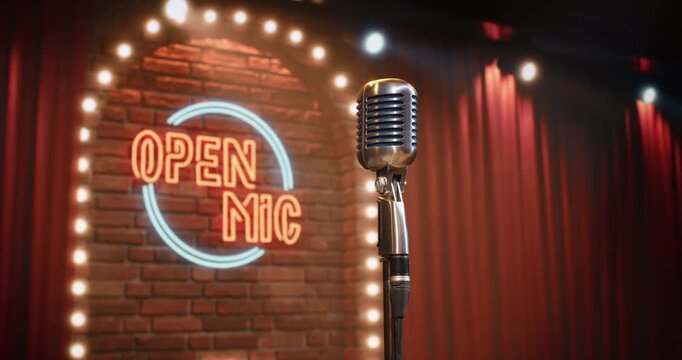 Vintage Microphone on an Empty Comedy Club Stage at Open Mic Night, Set for a Standup Set in a Lively Bar Venue, With Glowing Neon Sign, Red Curtain, and No Audience or Performer Present.