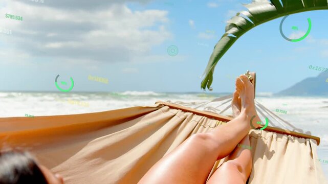 Woman reclining in beachside hammock, breeze nudging toes flexing, HUD drifting, showcasing travel