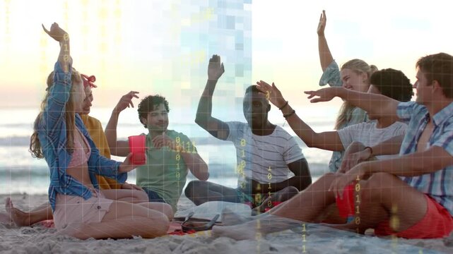 Seven friends reacting to music prompt on beach, raising red cups as tech overlay pixelating group