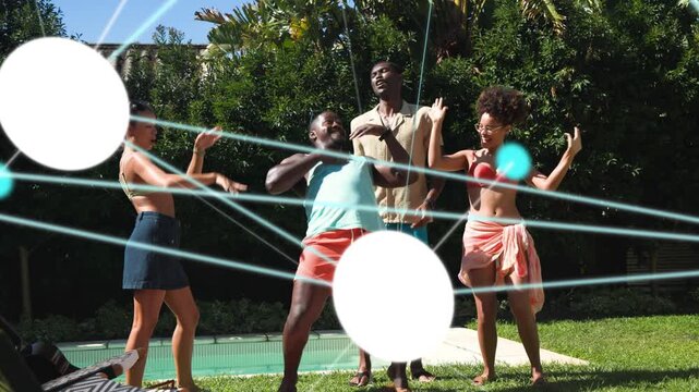 Four adults social dancing pool to music, tank man passing mid, tapping mid man, cyan overlays