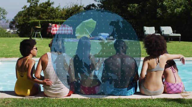 Globe appearing and rotating over pool edge, grid sweeping while friends linking arms for marketing