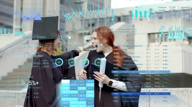 Centered grad reacting to classmate approaching, tapping cap, hugging for graduation with data UI