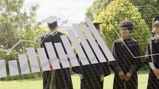 Education grads lining lawn, staff handing diploma starting grad walking, charts binary overlaying