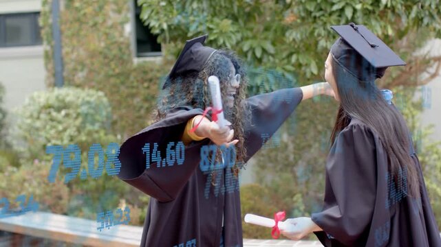 Two graduates swapping diplomas and hugging, blue data overlay between them marking graduation