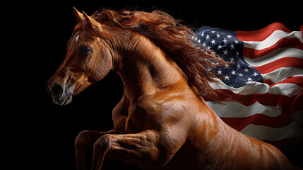 Chestnut horse rearing with American flag, powerful stallion galloping in front of USA banner Concept of patriotism, freedom, strength, national pride, independence, spirit, majesty, and American heri