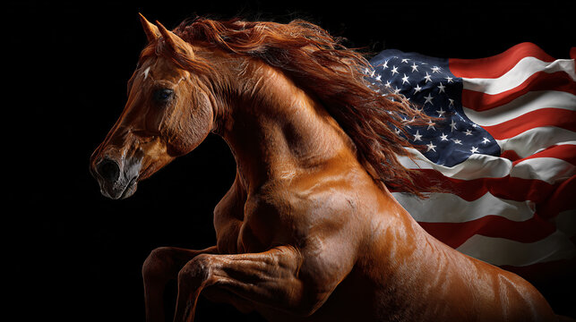 Chestnut horse rearing with American flag, powerful stallion galloping in front of USA banner Concept of patriotism, freedom, strength, national pride, independence, spirit, majesty, and American heri