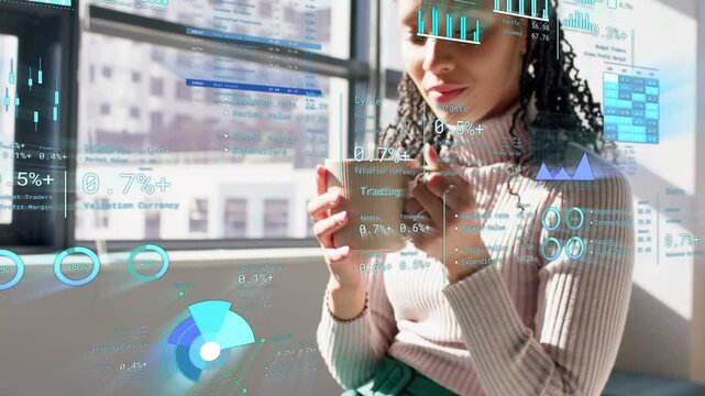 Woman leaning, picking mug and sipping, starting finance AR charts floating as camera moving closer