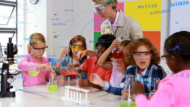 Child pouring green solution, peers passing test tubes while instructor guiding in science lesson
