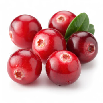 Group of ripe red cranberries with green leaves isolated on a plain white background for