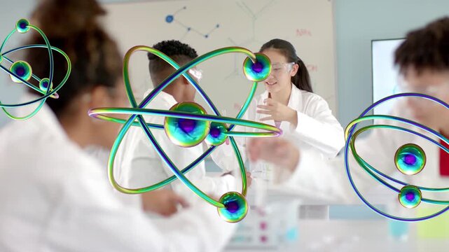 Female passing pink test tube to male on cue during lab, atom overlays drifting over pair