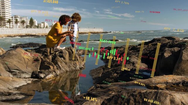 Woman showing phone screen to boy, guiding leaning into tide pool, AR explaining finance APY charts