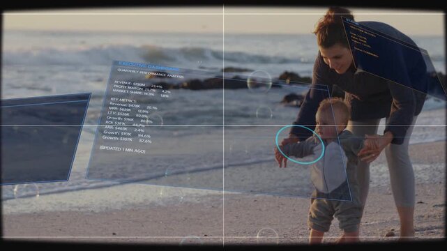 Caregiver holding baby's hands and guiding steps on shoreline, HUD panels tracking health analytics