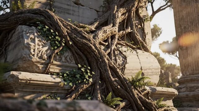 Ancient Stone Ruins Overgrown with Thick Tree Roots and Greenery