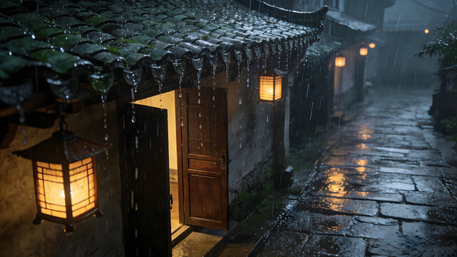 Traditional Chinese tiled roof house with glowing lanterns in rain on stone path