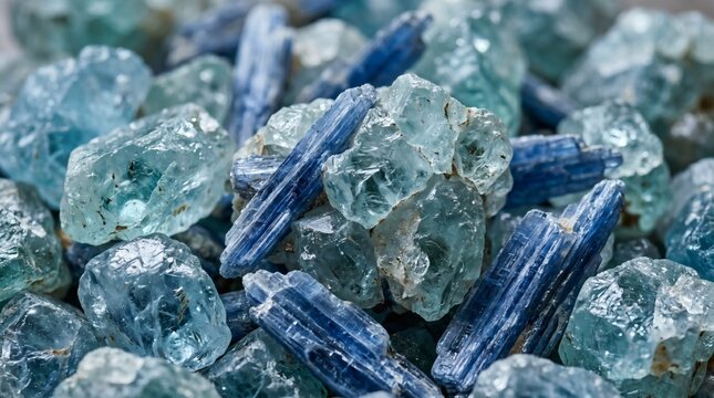 Pile of rough blue kyanite crystals and raw aquamarine gemstones in a natural heap.