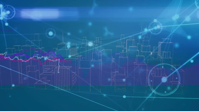 Wireframe cityscape revealing after scene load, nodes pulsing, line charts drawing visualizing data