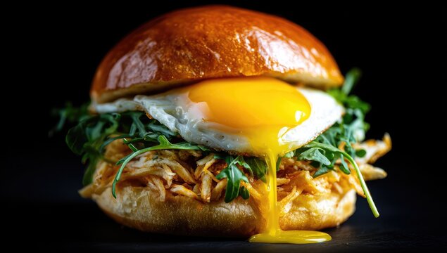 Mouthwatering burger with runny egg and arugula on dark surface, a culinary delight