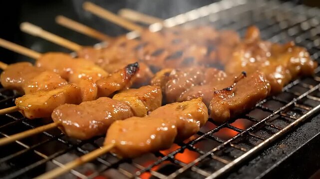 Delicious Chicken Satay Skewers Grilling Over Hot Coals.