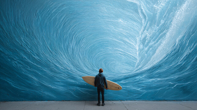 Young man holding surfboard standing before giant ocean wave mural, contemplating surfing adventure Concept of wanderlust, freedom, summer lifestyle, and connection to nature in an urban street art se