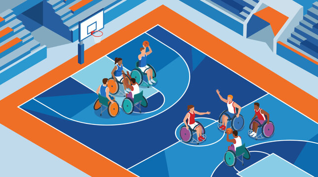 A thrilling wheelchair basketball game showcases athletes in action, promoting inclusivity and competitive spirit in sports. This image celebrates determination and teamwork.