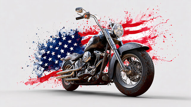 Vintage motorcycle with American flag watercolor splash background, showcasing classic cruiser bike design Concept of freedom, patriotism, American spirit, travel, adventure, and powerful road transpo