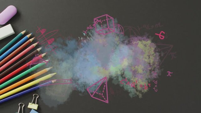 Cluster of colored pencils releasing pastel cloud from tips, obscuring then revealing pink sketches
