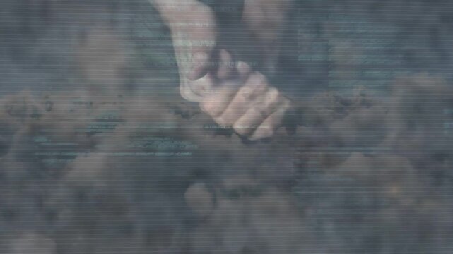 Scan flicker starting, pale hands unclasping, splaying fingers, pressing into dust, showing contact