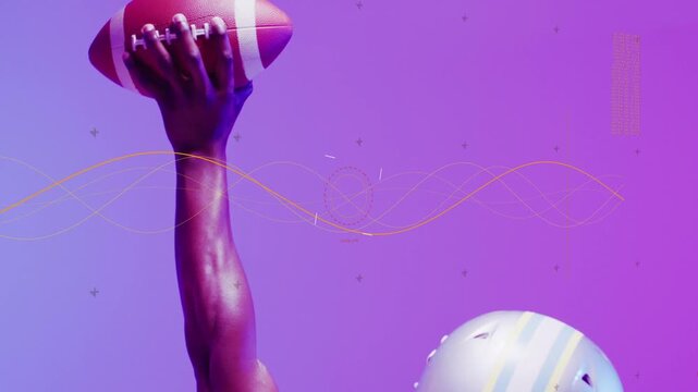 Player lifting arm raising holding lowering football wavy line and crosses around helmet for sports