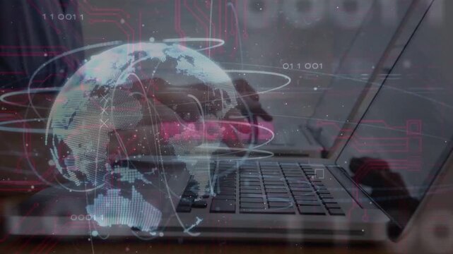 User hands starting typing, summoning globe and pulsing HACKED label, visualizing cyber breach