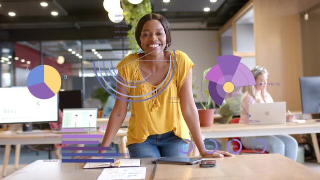 Animated charts appearing over woman in yellow leaning on table, presenting business data to team