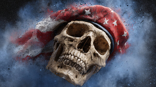 Human skull wearing American flag beret exploding in blue smoke, symbolizing patriotism, sacrifice, and mortality Conceptual art piece representing national history, death, and legacy in dark mood