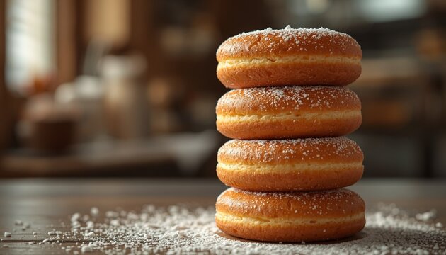 A stack of freshly made donuts dusted with powdered sugar, warm bakery setting with soft natural light.