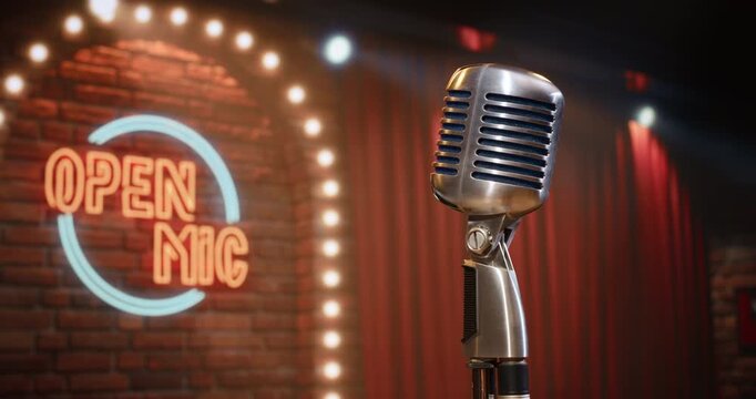 Vintage Microphone Stands Under Warm Lights on an Empty Comedy Club Stage During Open Mic Night, Ready for a Standup Set in a Lively Bar Venue With No Performer or Audience Present.