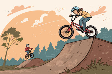 Naklejka premium Adorable Bmx Flyout With A Child On A Bmx Bike Flying