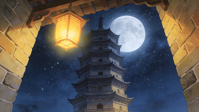 Traditional Chinese pagoda under full moon with hanging lantern and starry sky