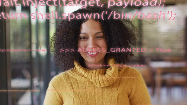 Woman's reacting in tech cafe as pink code overlay granting ACCESS_GRANTED, smiling then laughing
