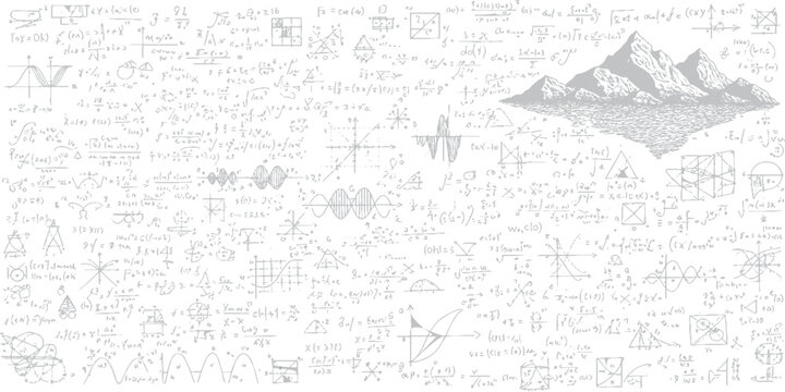Complex abstract background with scientific formulas equations mountain illustration science background formula equation white abstract